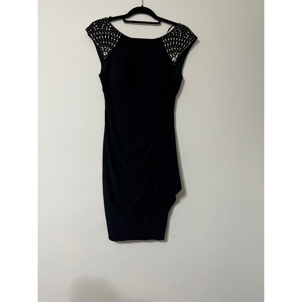 Dark Navy Blue Embellished Shoulder Cocktail Dress Sleeveless Draped sz S